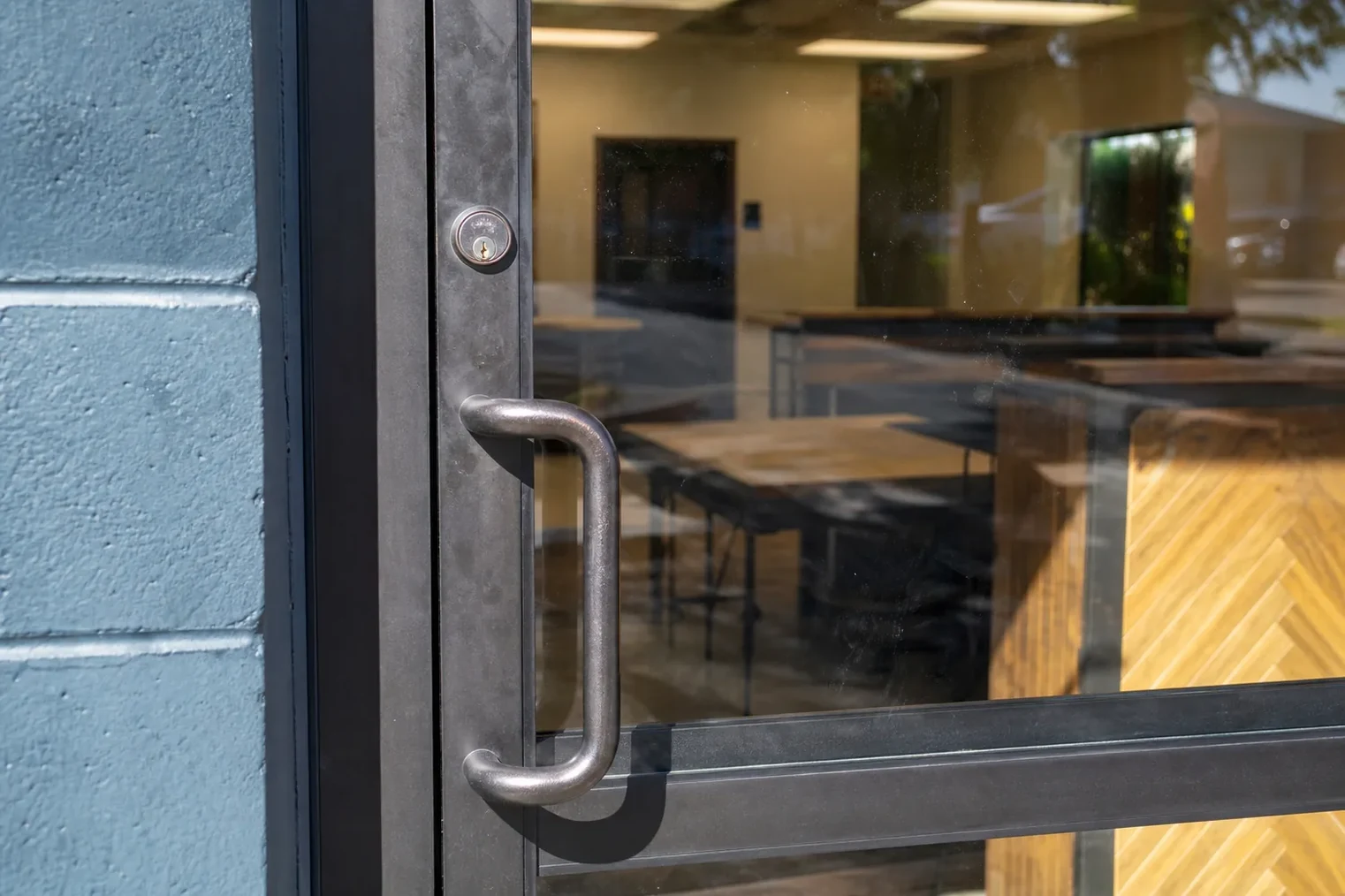 Glass entrance door of a local business