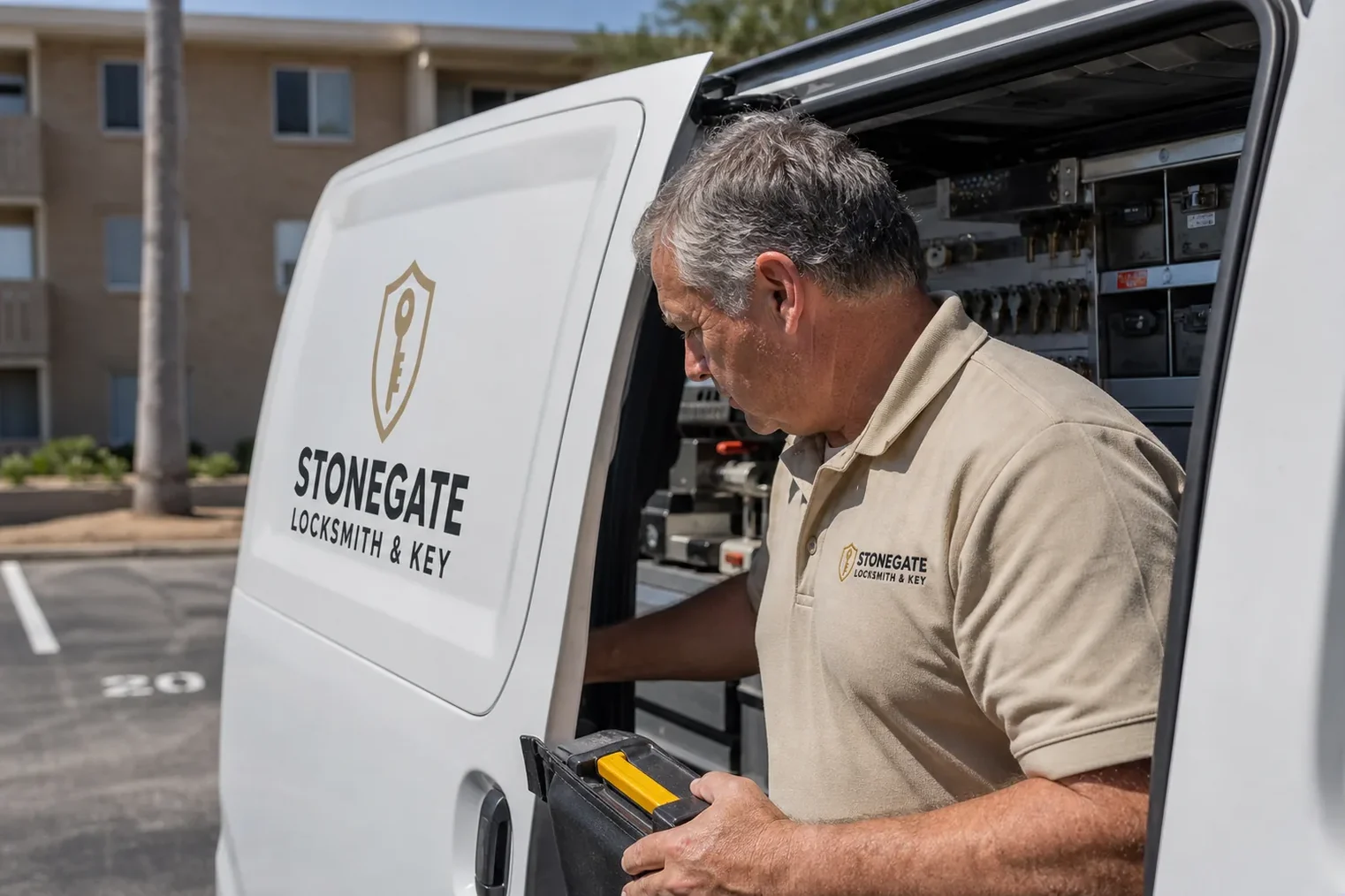 The Stonegate Locksmith & Key service van, stocked for lockouts and key cutting in Cape Coral